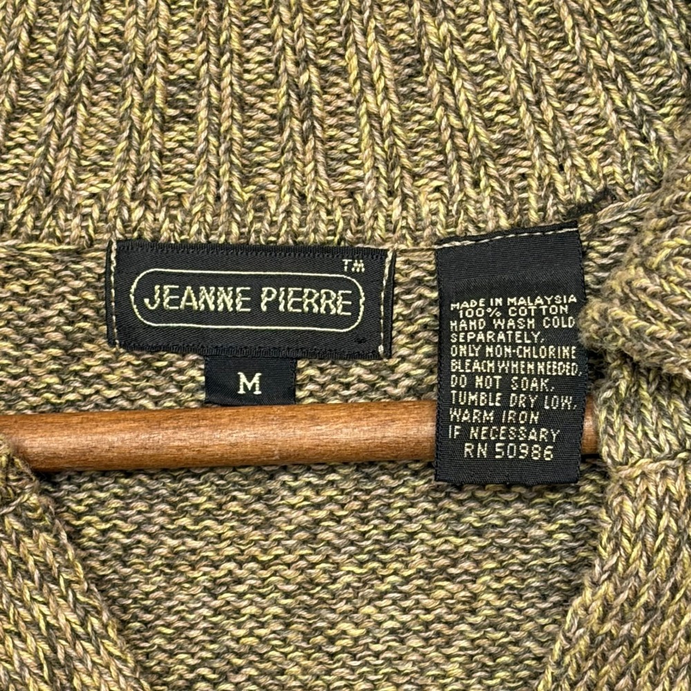 Vtg JEANNE PIERRE V-neck Sweater Women M Knit Cotton Fringe Collar Brown‎ Green - Picture 2 of 4